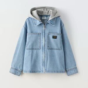 Zara Mid-Blue Denim Overshirt with Gray Hood 8 - 9 Years Old
